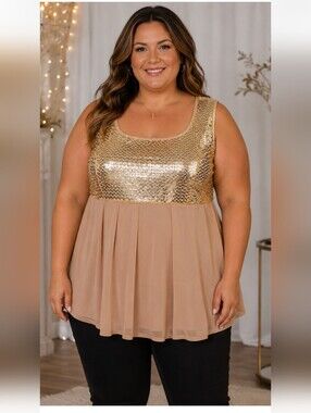 Candlelight & Champagne Gold Sequin Sheer Overlay Tank Top 18W
